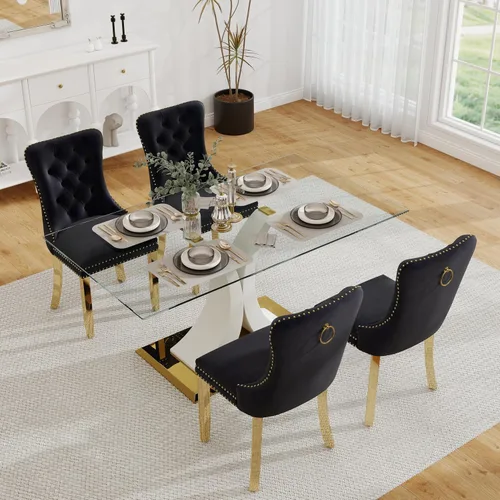 Vista 41 de Juego de comedor moderno de vidrio de lujo de 5 piezas, juego de cena rectangular minimalista grande para 4, juego de mesa de cocina de vidrio