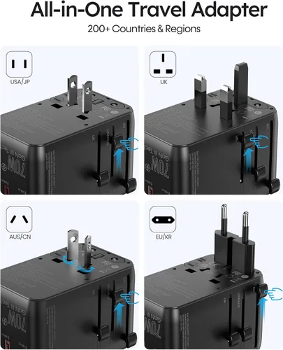 Vista 3 de Adaptador de viaje universal de 70 W, adaptador de corriente internacional Nekmit con cable de carga rápida USB C retráctil, enchufe de viaje de 6