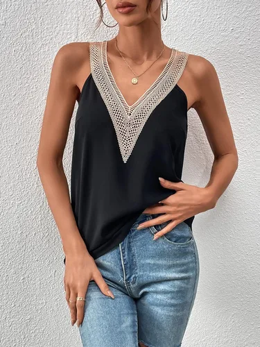 Vista 7 de SweatyRocks Camiseta sin mangas de encaje con cuello en V para mujer, casual, para verano