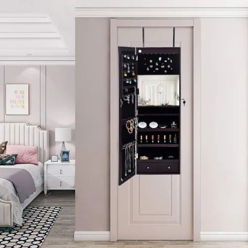 Vista 3 de Karl home Gabinete de joyería con 8 luces LED, organizador de almacenamiento de pared y puerta con cerradura de 42.5 pulgadas de alto con espejo
