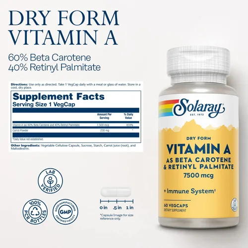 Vista 2 de SOLARAY Vitamina A de forma seca – Vitamina A como 60% betacaroteno y 40% palmitato de retinilo con polvo de zanahoria – Ojos, actividad