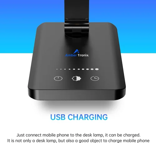 Vista 2 de Lámpara de escritorio LED Ambertronix con puerto de carga USB, luz de escritorio regulable para lectura y cuidado de los ojos para el hogar, con 5