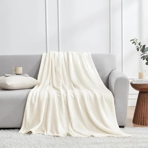 Vista 2 de Hansleep Manta de forro polar para sofá beige, súper suave manta de franela esponjosa y acogedora para todas las estaciones, beige, manta de 50x60