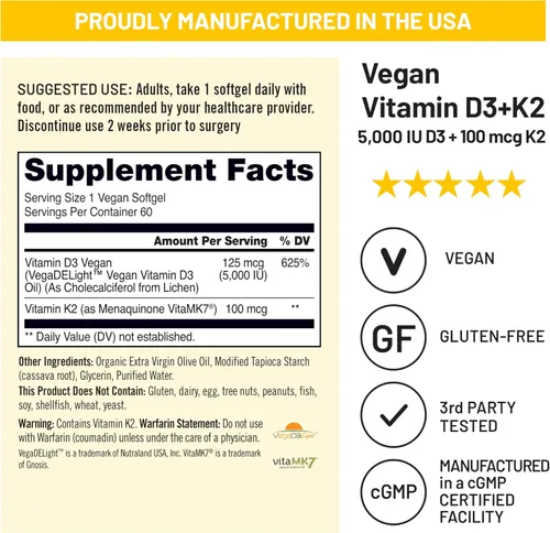 Vista 4 de NatureWise Vitamina vegana D3 + K2 – D3 natural 5000IU + vitamina K2 natural 100mcg – Soporte óseo – Alta absorción con aceite de oliva orgánico