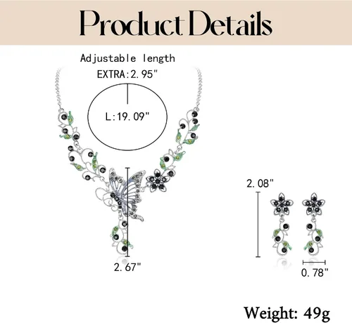 Vista 7 de EleQueen Conjunto de collar y pendientes de mariposa, flor y hoja de cristal austriaco para mujer Negro