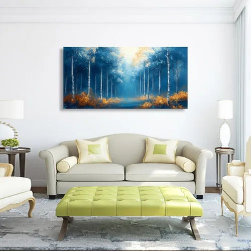 Vista 2 de Cuadros de bosque azul para pared, arte de pared para sala de estar, dormitorio, bosque impreso para decoración del hogar, arte abstracto de niebla