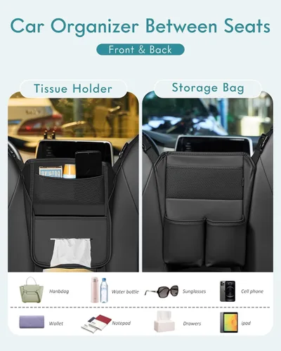 Vista 2 de FLORICH Organizador de Almacenamiento para Coche Entre Asientos, Organizador de Asiento de Cuero con Soporte para Bolso Entre Asientos, Consolas