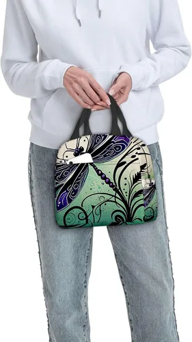 Vista 7 de OOZ Lonchera térmica para mujeres y hombres, para el trabajo, linda libélula en negro y morado, reutilizable, a prueba de fugas, para adultos, bolsa