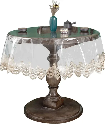 Vista 7 de Mantel redondo de plástico transparente, impermeable, de vinilo, PVC, bordado, borde de encaje, transparente, para cocina, uso en exteriores e 2