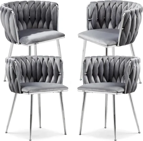 Vista 17 de Juego de 2 sillas de comedor de terciopelo, sillas laterales tapizadas tejidas con patas de metal negro, sillas decorativas modernas, sillas
