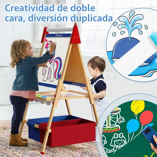 Vista 5 de Set de cabalete de arte para niños, tablero de dibujo ajustable de doble cara, cabalete de madera para pintar, edades 2-12, regalo de cumpleaños Azul