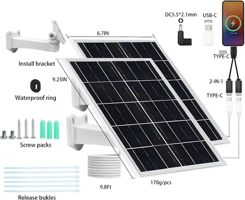 Vista 3 de Panel solar de 5 V y 16 W, paquete de 2 unidades IP65 impermeable con puertos USB-C/Micro USB/CC, cable de 9.8 pies para teléfono/banco