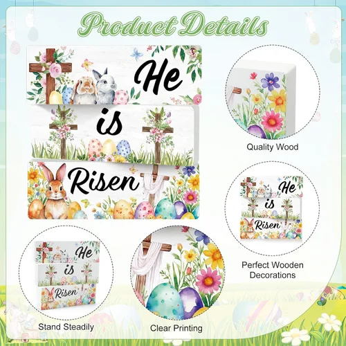 Vista 3 de Qunclay Juego de 3 letreros de mesa de madera con texto en inglés "He is Risen" para decoración de mesa de madera de Pascua, centro de mesa