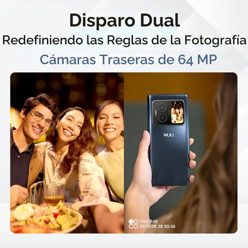 Vista 4 de NUU B40 5G, teléfono celular, desbloqueado, doble SIM, pantalla AMOLED dual, 120Hz, cámara de 64 MP, 8GB+256GB, Android 15, versión estadounidense