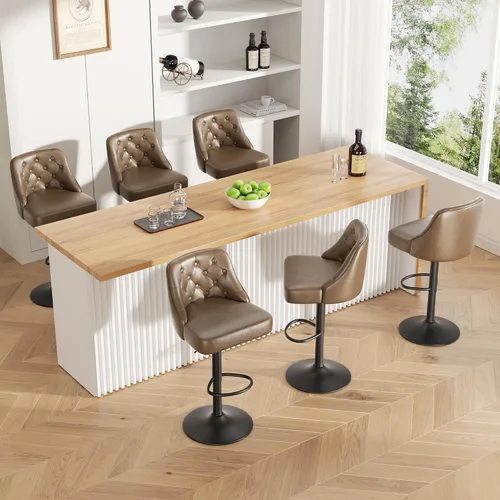 Vista 38 de Juego de 2 taburetes de bar, taburete de bar ajustable con respaldo, sillas de bar tapizadas de piel sintética, taburetes de bar giratorios modernos