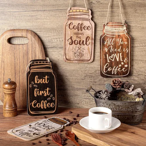 Vista 7 de Jetec - Letrero de pared de madera para barra de café, 4 piezas, decoración colgante de tarro de masón, clásico Rustic Farmhouse Plaque with