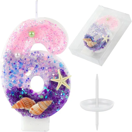 Vista 20 de Velas de cumpleaños, velas rosas y moradas del número 0 decoradas con caracolas, estrellas de mar y perlas para fiesta temática de sirena Morado