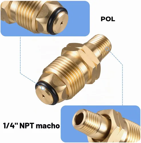 Vista 3 de Adaptador de montaje de gas propano POL de nariz blanda con flujo excesivo x rosca macho de 1/4 pulgadas, latón