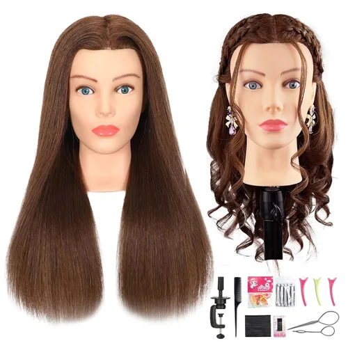 Vista 13 de Cabeza de maniquí de cabello humano, 80% cabello real, maniquí para cosmetología, con soporte de trípode para práctica de peinado, trenzado y Ámbar
