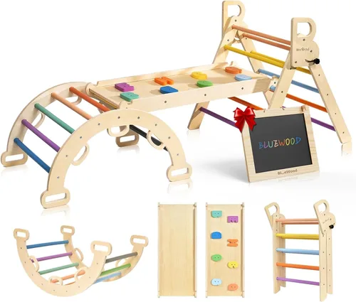 Vista 9 de BlueWood Pikler Triangle Set, Foldable Toddler Climbing Toys Rosa malva