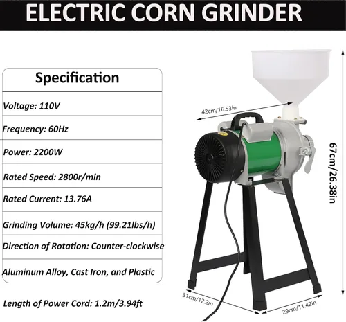 Vista 2 de LOYALHEARTDY Máquina eléctrica de la amoladora de maíz, 110V 2200W molino de grano de arroz grano de maíz café molino de alimentación de trigo