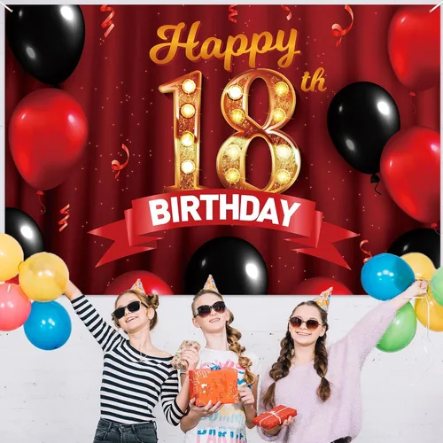Vista 5 de Cartel rojo de feliz cumpleaños 18 años, telón de fondo dorado con globos rojos y negros, decoración temática para niñas y mujeres, princesa de 18