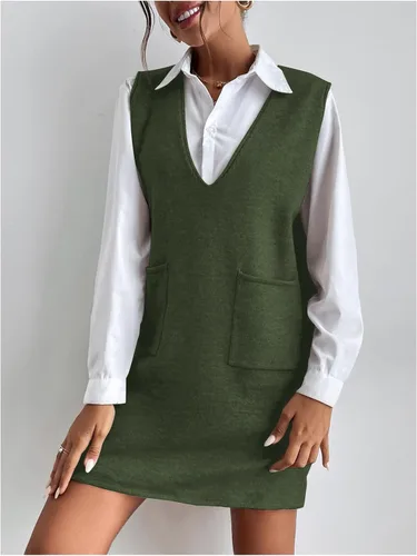 Vista 3 de OYOANGLE Vestido corto de punto con cuello en V sin mangas para mujer, liso, con bolsillos Verde militar