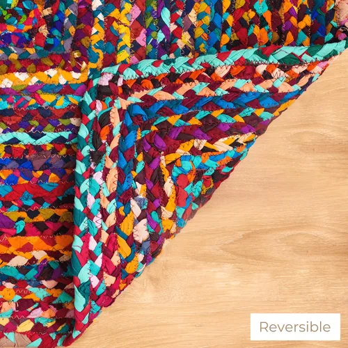 Vista 4 de RAJRANG Alfombra reversible Chindi de trapo, de algodón de 2 x 3 pies, hecha a mano, trenzada, multicolor, alfombra bohemia
