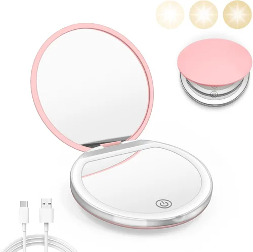 Vista 10 de Kakuje Espejo compacto con luz, espejo de bolsillo LED de aumento 1X/3X con cable de datos USB, mini espejo para bolso, bolsillo, viaje y regalo