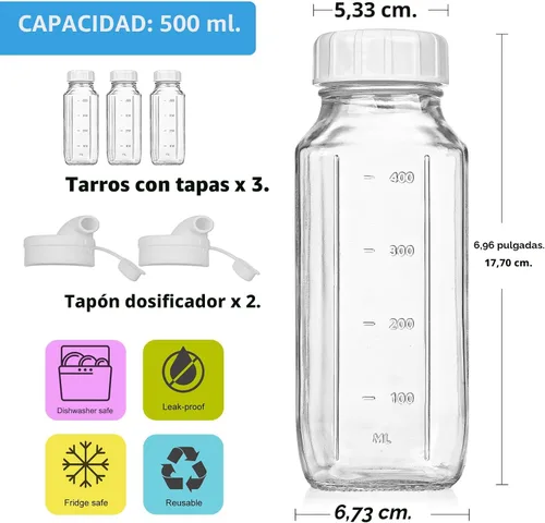 Vista 4 de Syntic - Paquete de 3 botellas de jugo de vidrio de 16 onzas con tapas y 2 boquillas de vertido Clear Reusable Glass with Measurement Marks for