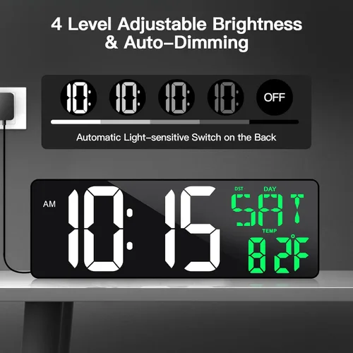 Vista 3 de Reloj de pared digital grande de 17 pulgadas con control remoto, atenuador automático, temperatura de fecha, temporizador Large clear display
