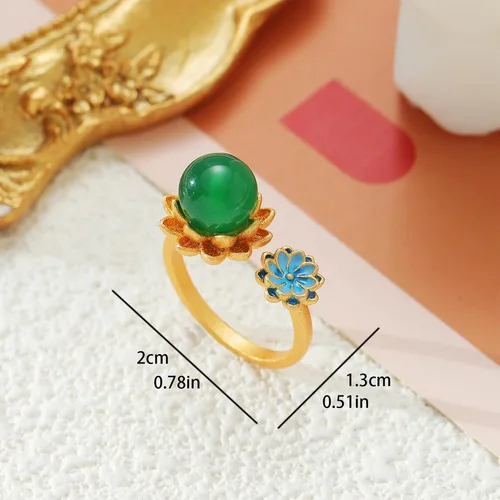 Vista 3 de Anillos de jade de loto chino para mujer, anillo étnico ajustable de apertura, Esmalte, No