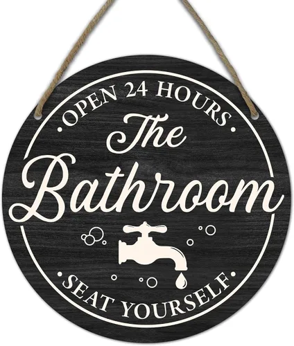 Vista 7 de Divertidos letreros decorativos para baño, con texto en inglés «Bathroom Open 24 Hours Please Seat Yourself», letrero colgante de madera rústica