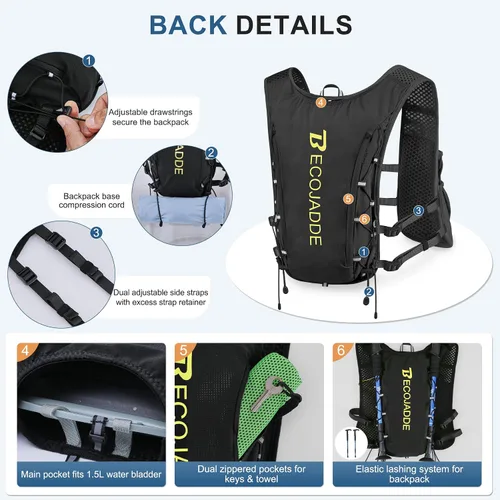 Vista 3 de BECOJADDE Chaleco de Hidratación Mochila para Correr para Hombres Mujeres, Mochila de Hidratación Ligera de 5L para Correr, Chaleco de Hidratación