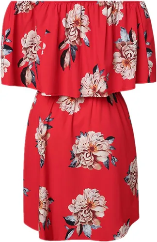 Vista 3 de mini vestido sin hombros, acampanado con pliegues, con mangas, estampado floral, estilo bohemio con cinto, para mujer.
