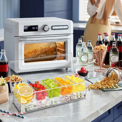 Vista 3 de Servidor de condimentos de 5 compartimentos, recipientes de condimentos enfriados con hielo, bandeja transparente para servir condimentos sobre