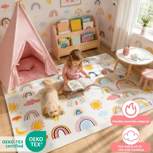 Vista 3 de Alfombra de arco iris para niños, 3 pies 3 pulgadas x 4 pies 11 pulgadas, alfombra suave para niños, alfombra grande lavable espacial