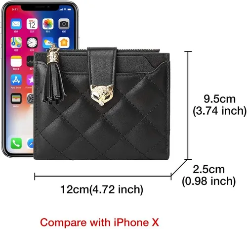 Vista 4 de Cartera de cuero para mujer, pequeña billetera plegable acolchada, tarjetero, Negro2, Classic