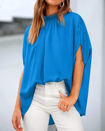Vista 82 de BTFBM Blusas de verano para mujer, cuello alto falso, manga murciélago, holgadas, dobladillo alto y bajo, blusas informales de gran