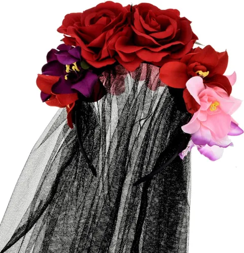 Vista 3 de Merroyal Diadema para mujer, diseño de flor de rosa del Día de los Muertos para Halloween Rojo Rosa Negro Velo