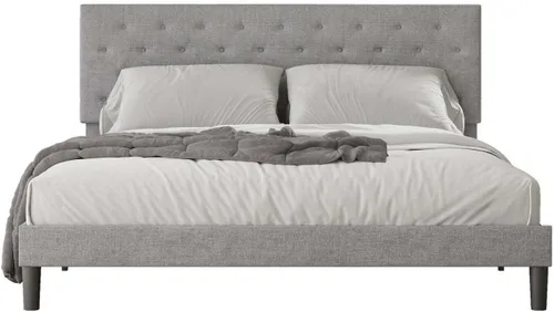 Vista 4 de Base de cama tapizada de tamaño matrimonial con cabecera de botón ajustable, base de colchón con soporte de listones de madera, no necesita somier