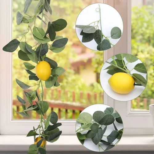 Vista 6 de FQQWEE Guirnalda de eucalipto artificial de 76.8 pulgadas para primavera y verano, guirnalda de eucalipto con limones, guirnalda de vid de frutas