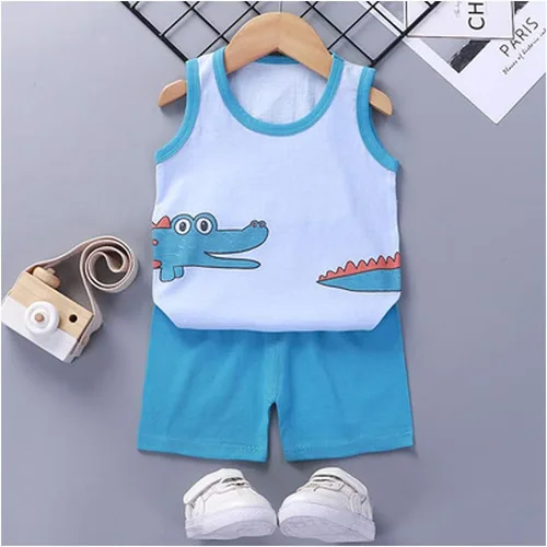 Vista 4 de Conjunto de 4 piezas de camiseta sin mangas y pantalones cortos de algodón para niños pequeños, conjuntos de verano