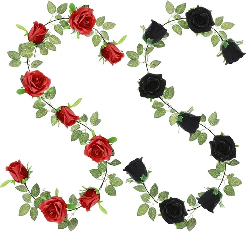 Vista 2 de GREENTIME - Guirnalda de flores artificiales 2 unidades, 4 metros de vid de rosas falsas, 9 cabezas de rosas, para arco de boda, centro de mesa