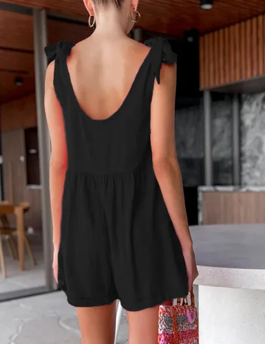 Vista 3 de HangNiFang Overol corto con cuello redondo y bolsillos para mujer, con nudo y hombros
