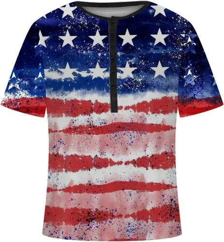 Vista 3 de Camisas entrenamiento botones Hombres Día la Independencia 4 Julio Bandera Estados Unidos Tops Túnicas Manga Corta