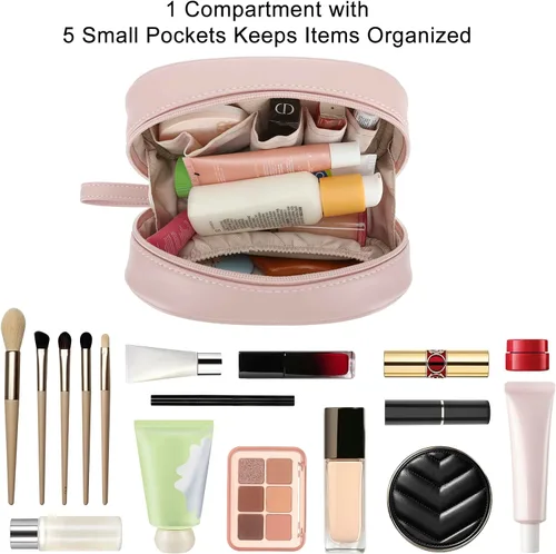 Vista 3 de E-Tree Bolsa de maquillaje de piel sintética para mujer, organizador de cosméticos de viaje con doble cremallera, bolsa de aseo pequeña impermeable