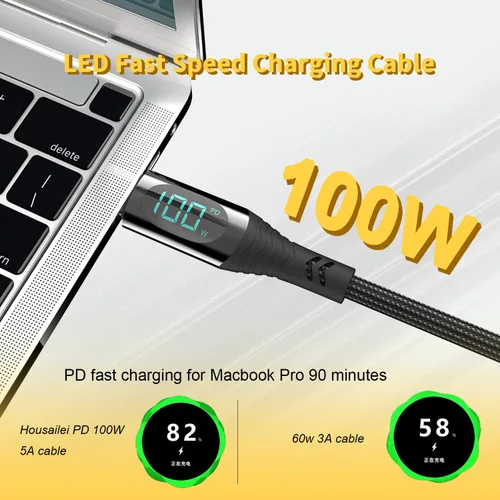 Vista 2 de Cable USB-C de 100 W [2 unidades, 4 pies/6.6 pies], carga súper rápida tipo C con pantalla LED, cable de carga USB C de 480 Mbps de nailon trenzado