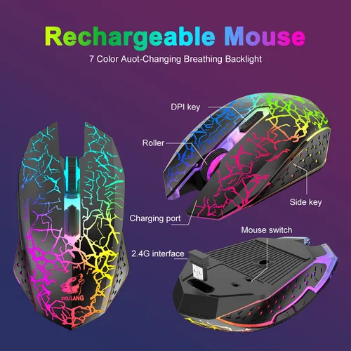 Vista 3 de Combo de teclado y mouse inalámbricos para juegos, teclado retroiluminado arcoíris de 61 teclas con recargable de 4000 mAh, sensación mecánica