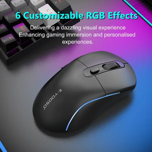 Vista 5 de E-YOOSO Mouse inalámbrico para juegos, 10,000 DPI, trimodo de 2.4 GHz/Bluetooth/USB-C con cable, retroiluminación RGB, 6 botones programables, mouse